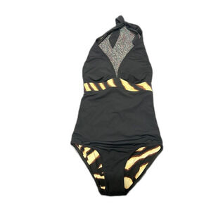 Michael Kors One Piece Swim Size 6 Black Animal Tie Waist Gold Logo